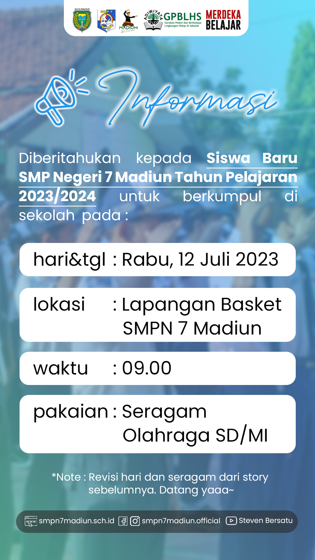 Pengumuman Pra-MPLS Siswa Baru SMPN 7 Madiun TP. 2023/2024